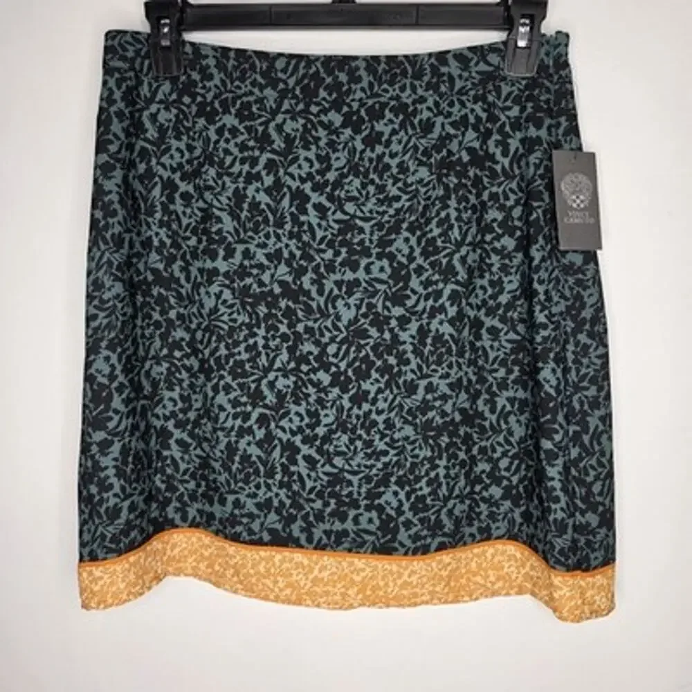 Vince Camuto Womens SZ 14 Green Black Floral Pencil Skirt Orange Trim Lined NWT
